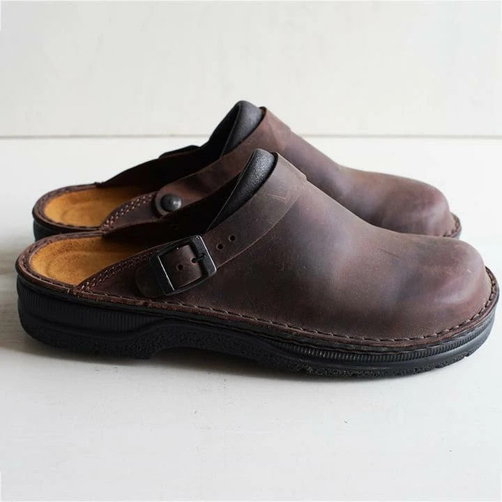 Men's Leather Clogs Slip On Buckle Strap Orthopedic Insole Casual