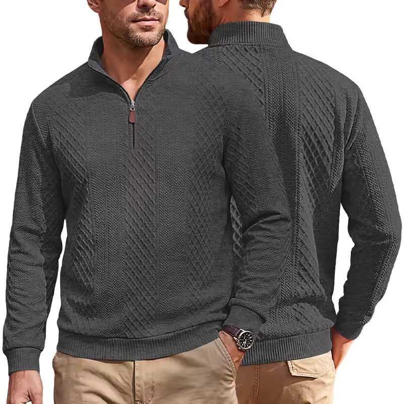 Men's Half Zip Textured Sweater Argyle Jacquard Long Sleeve Casual Pullover