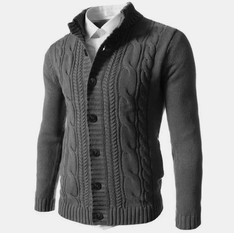 Men's Cable Knit Cardigan Mandarin Collar Button-Up Slim Fit Sweater Coat
