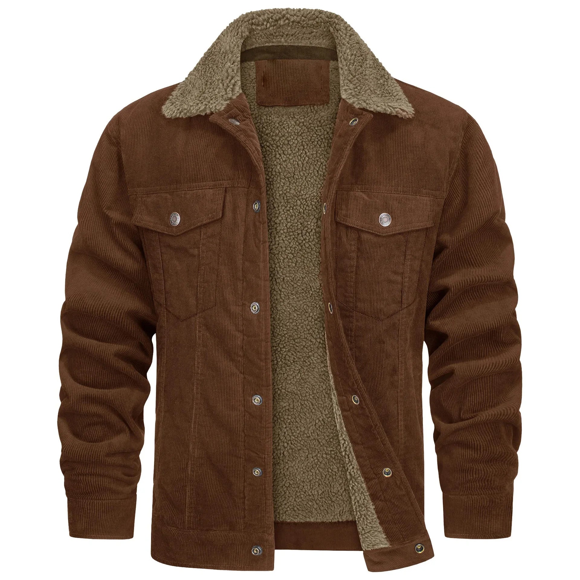 Men's Corduroy Sherpa-Lined Trucker Jacket Fur Collar Long Sleeve Button-Up Coat