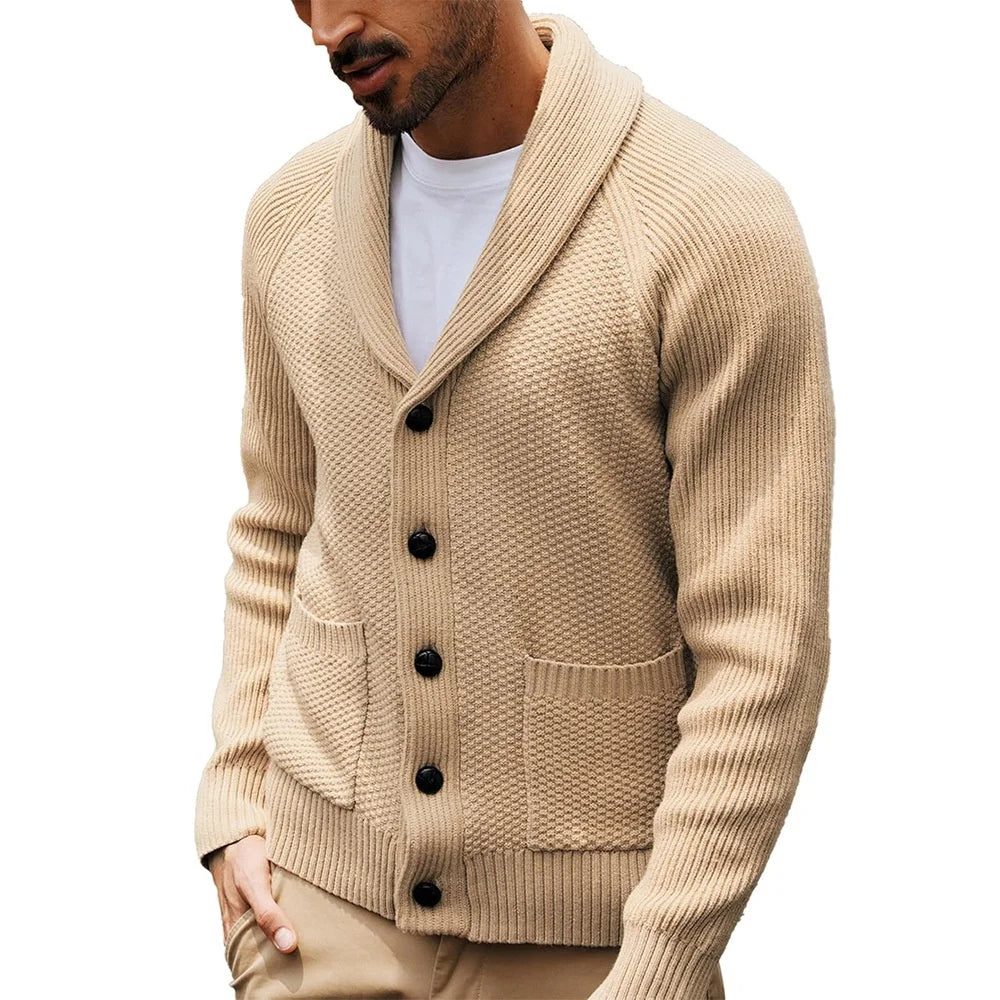 Men's Shawl Collar Open Front Cardigan Knit Sweater with Flap Pockets