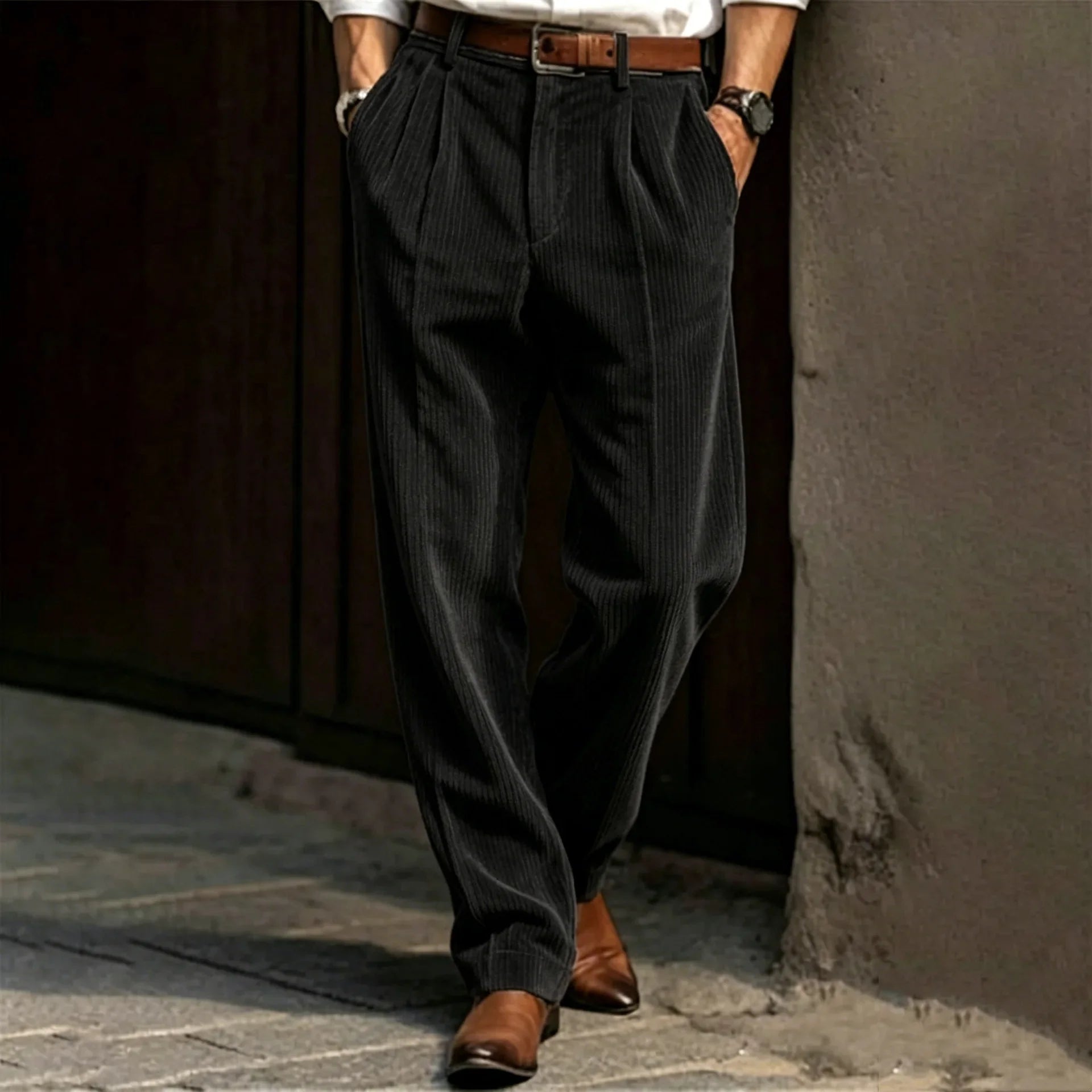 Men's Corduroy Pleated Straight Leg Pants Mid Waist Loose Fit Business Casual Trousers