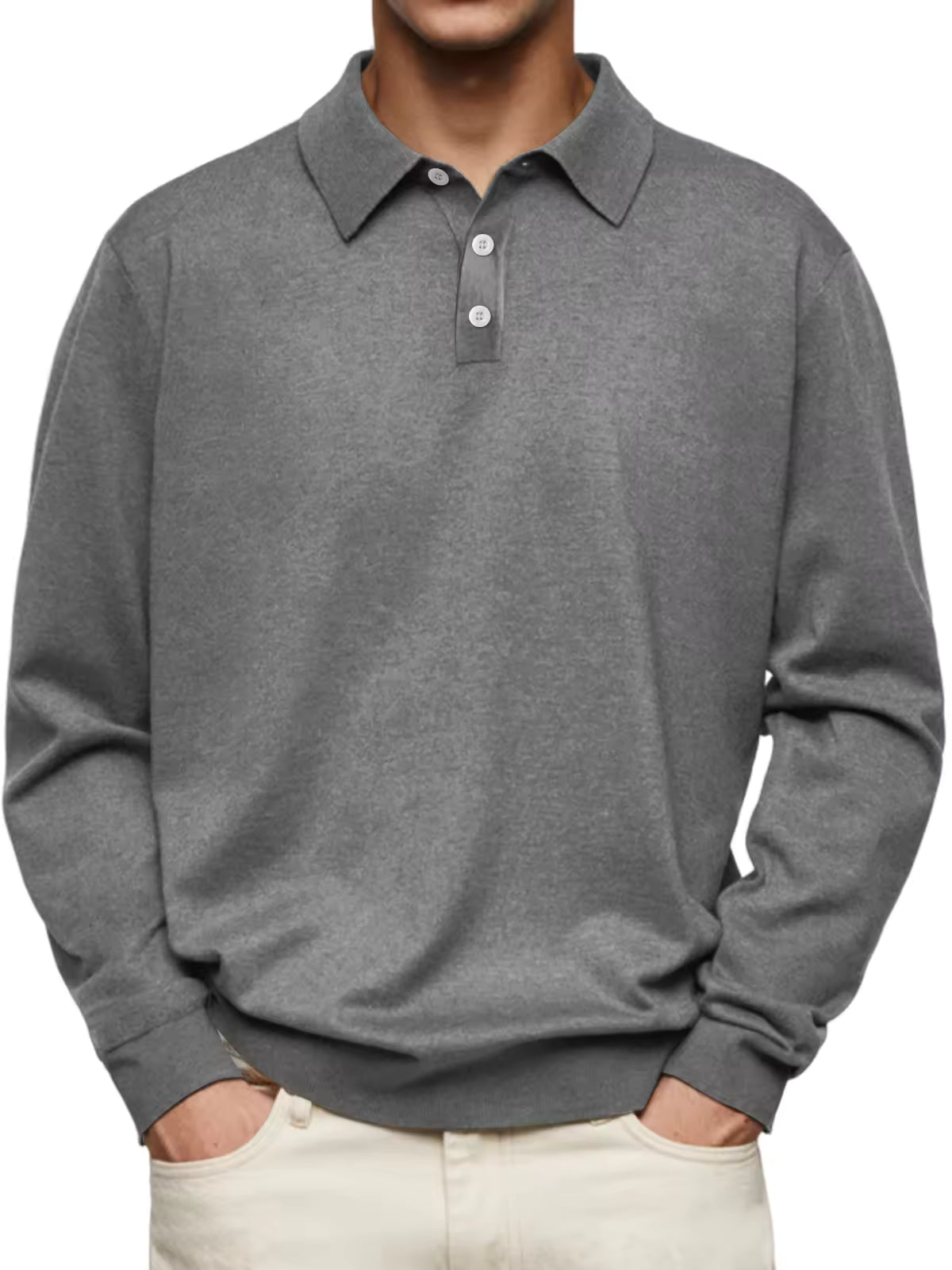 Men's Polo Collar Pullover Sweater Slim Fit Button Placket Long Sleeve Knit Top