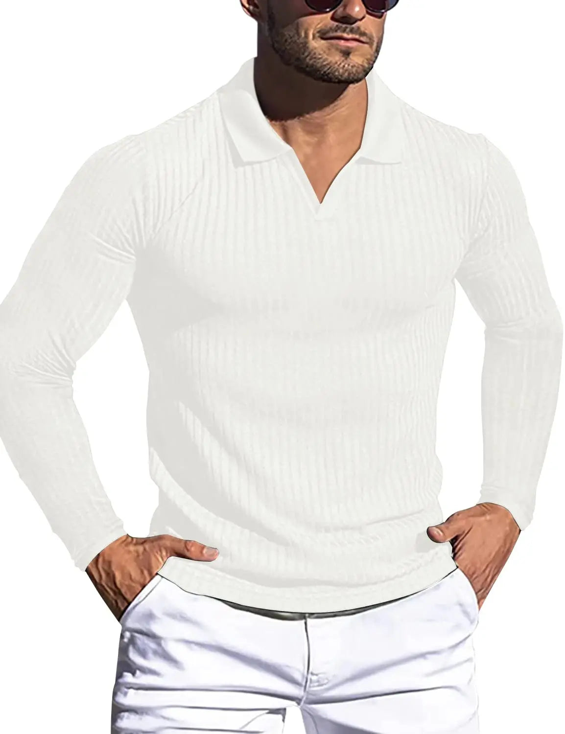 Men's V-Neck Ribbed Knit Polo Shirt Long Sleeve Slim Fit Business Casual Top