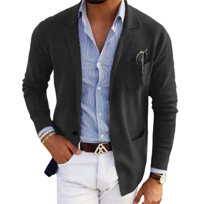 Men's Knit Cardigan Blazer Notch Lapel Slim Fit Chest Pocket Open Front Sweater Jacket