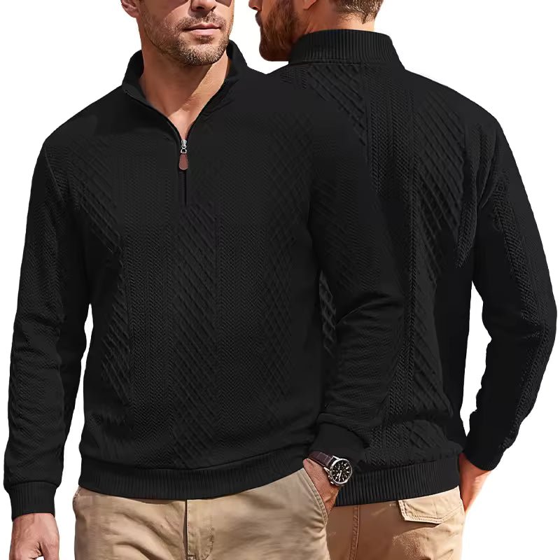 Men's Half Zip Textured Sweater Argyle Jacquard Long Sleeve Casual Pullover