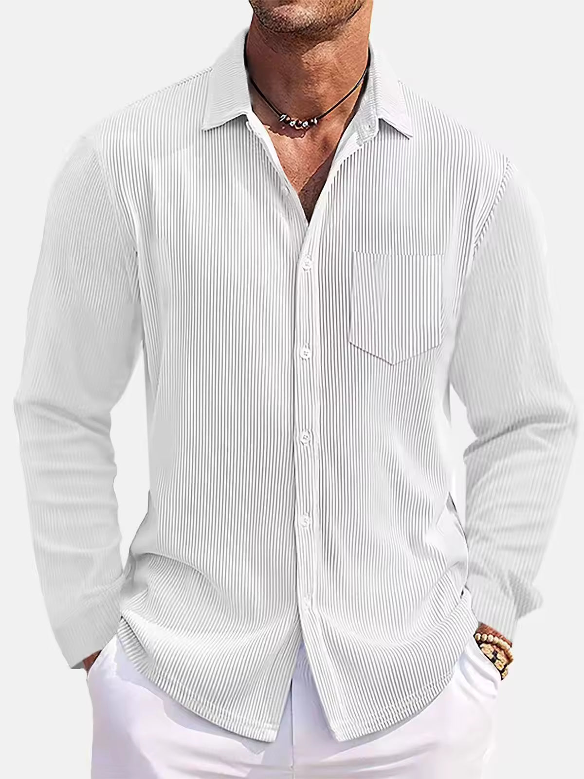 Men's Ribbed Textured Button-Up Shirt Turn-Down Collar Chest Pocket Long Sleeve Top