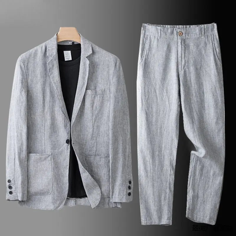 Linen Blend Suit Set Men Linen Blend Notch Lapel Relaxed Fit Elasticated Waist Trouser