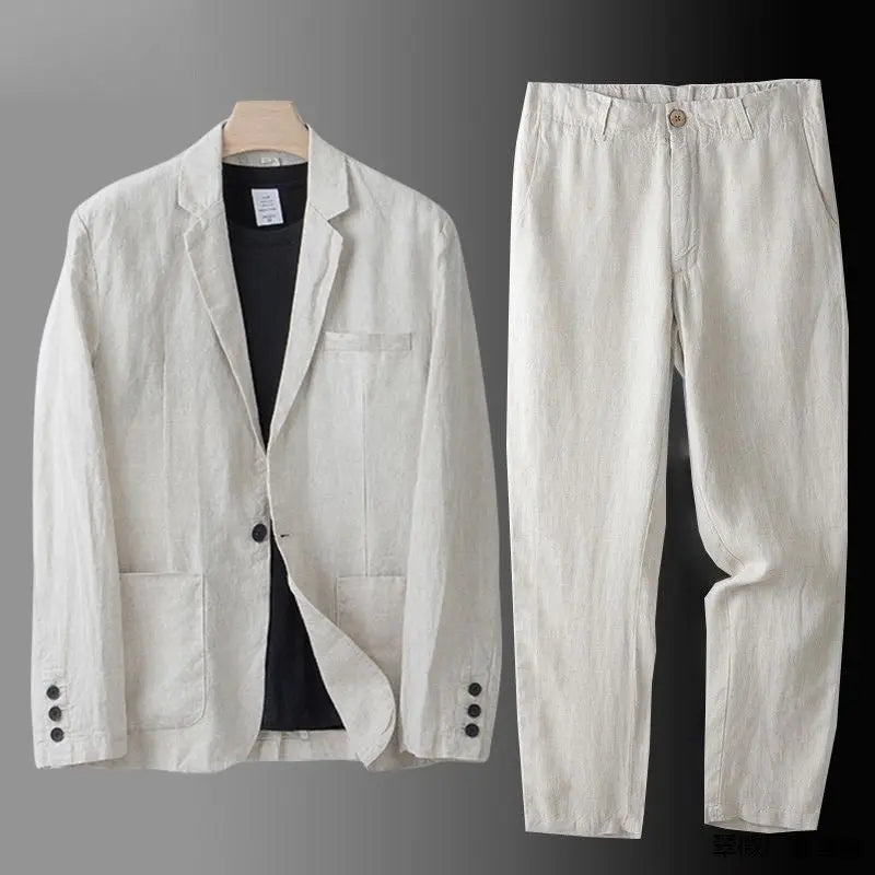 Linen Blend Suit Set Men Linen Blend Notch Lapel Relaxed Fit Elasticated Waist Trouser