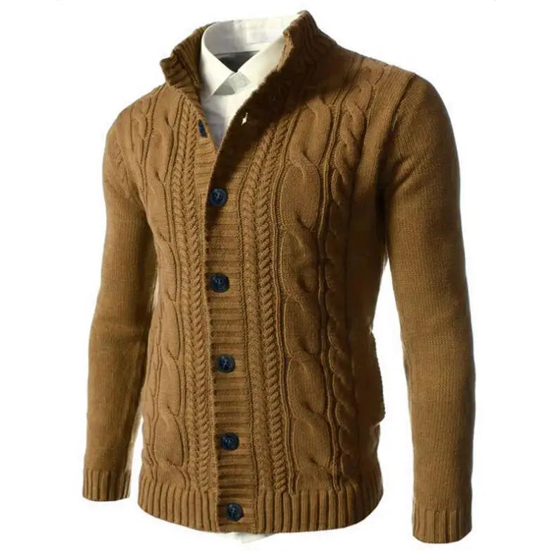 Men's Cable Knit Cardigan Mandarin Collar Button-Up Slim Fit Sweater Coat