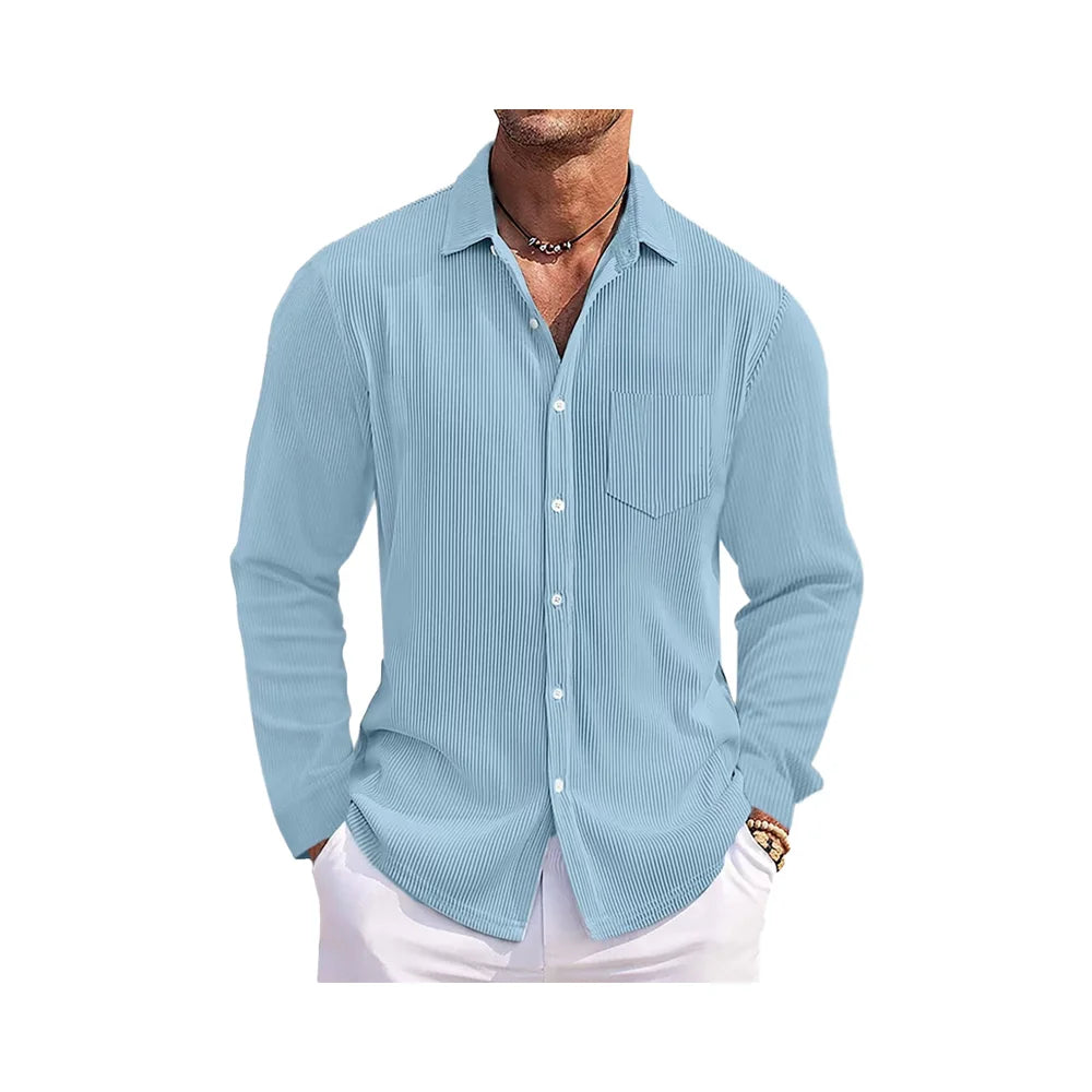 Men's Ribbed Textured Button-Up Shirt Turn-Down Collar Chest Pocket Long Sleeve Top