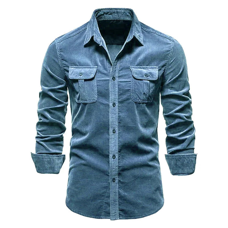 Men's Corduroy Button-Up Polo Jacket Long Sleeve Flap Pocket Slim Fit Casual Top