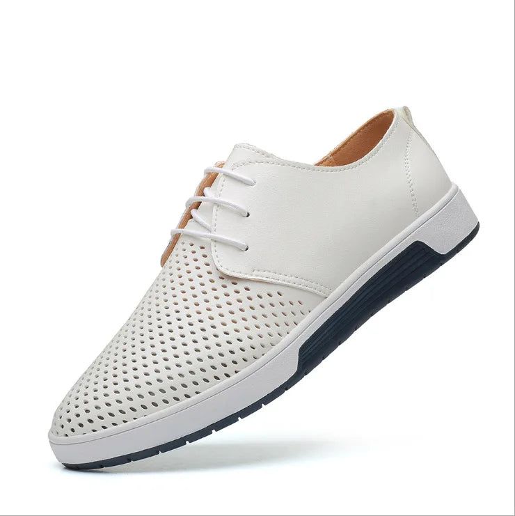 Men's Perforated Leather-Look Lace-Up Shoes Round Toe Business Casual Sneakers