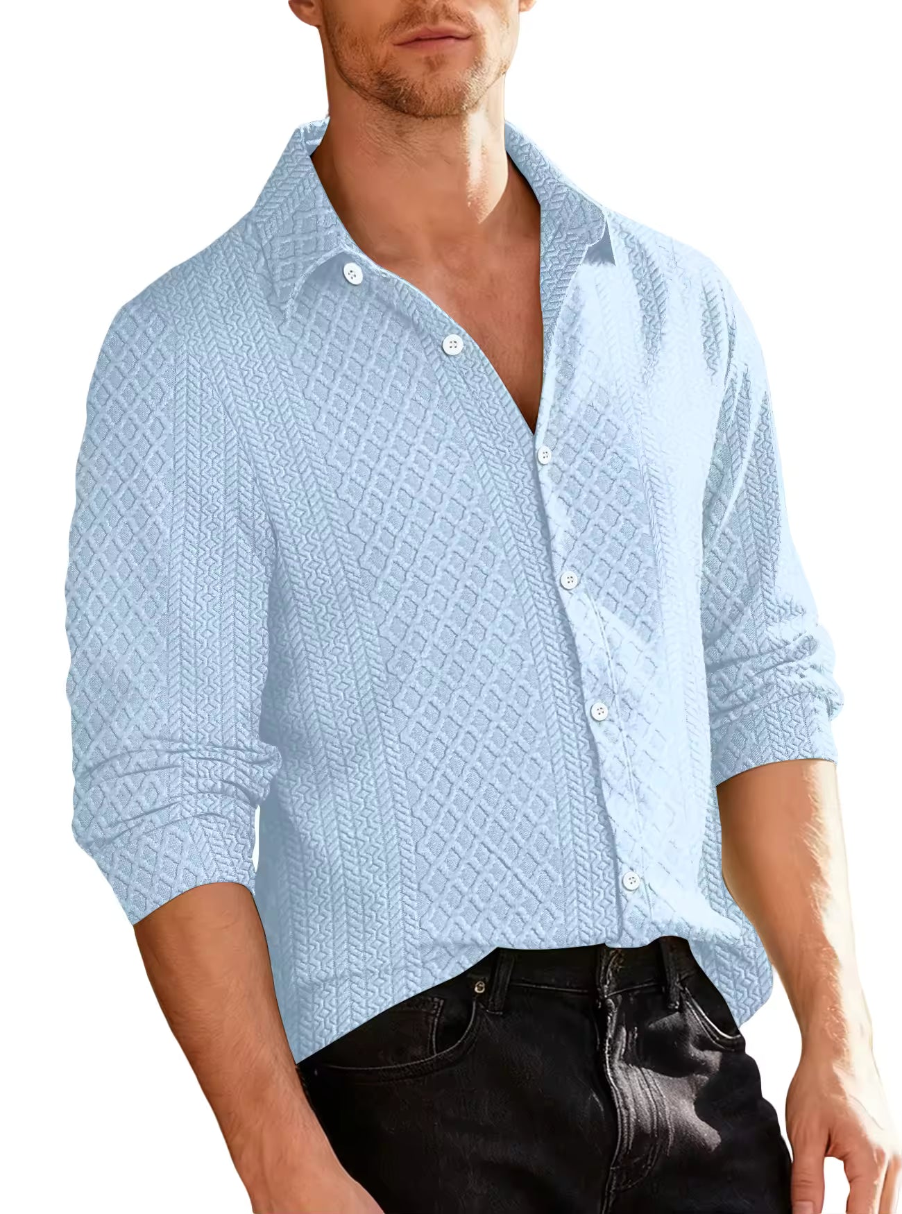 Men's Textured Knit Shirt Turn-Down Collar Button-Up Long Sleeve Casual Top