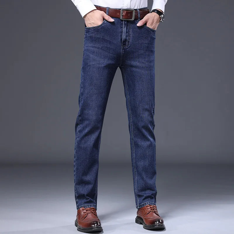 Men's High Waisted Straight Leg Jeans Medium Wash Business Casual Denim Pants