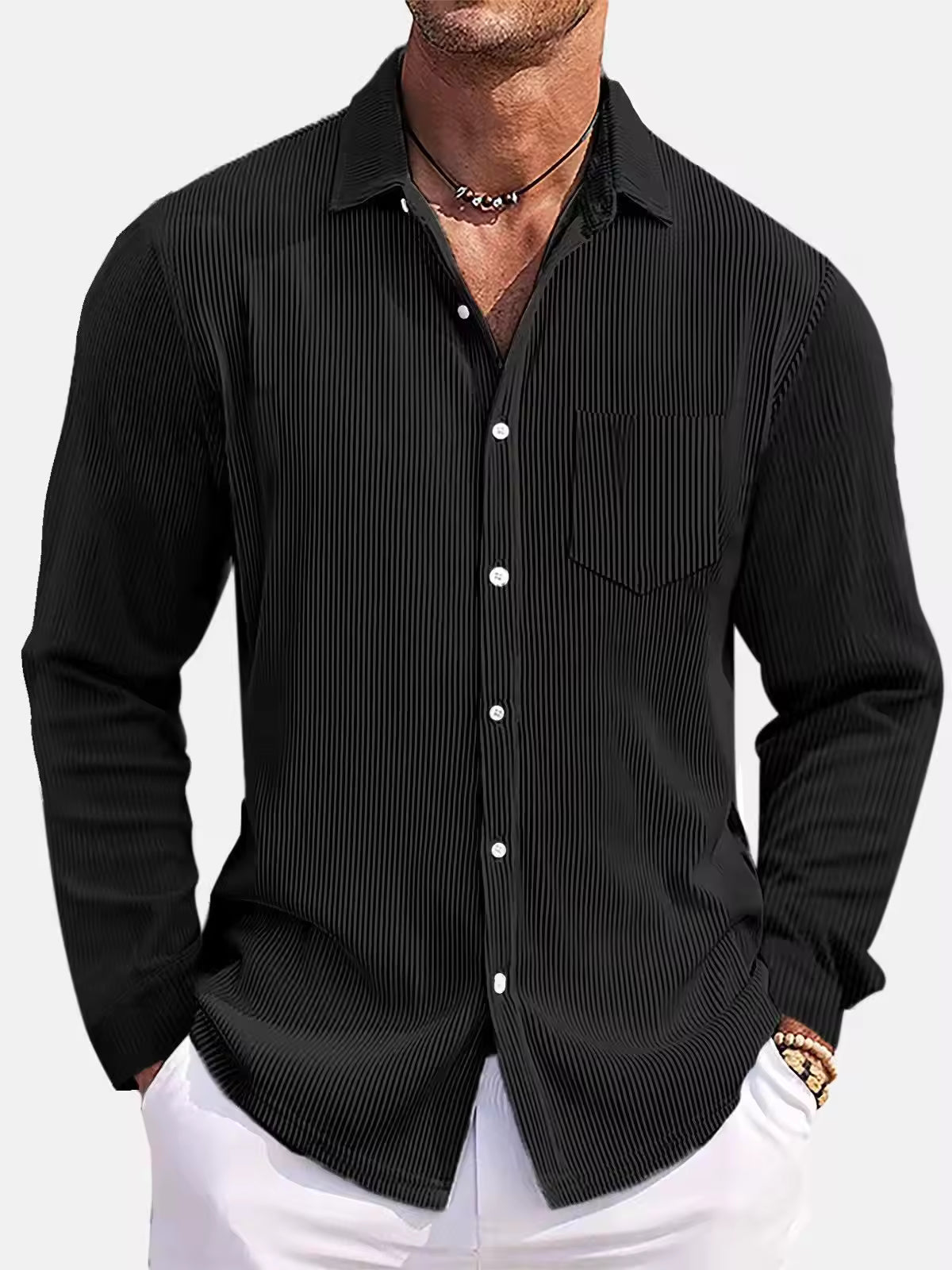 Men's Ribbed Textured Button-Up Shirt Turn-Down Collar Chest Pocket Long Sleeve Top