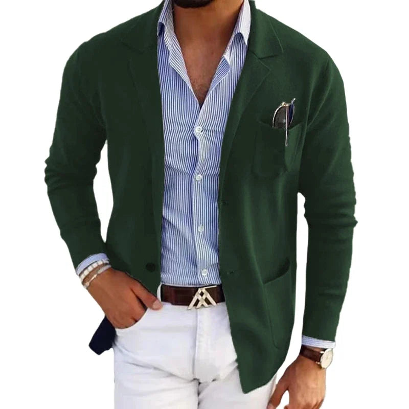 Men's Knit Cardigan Blazer Notch Lapel Slim Fit Chest Pocket Open Front Sweater Jacket
