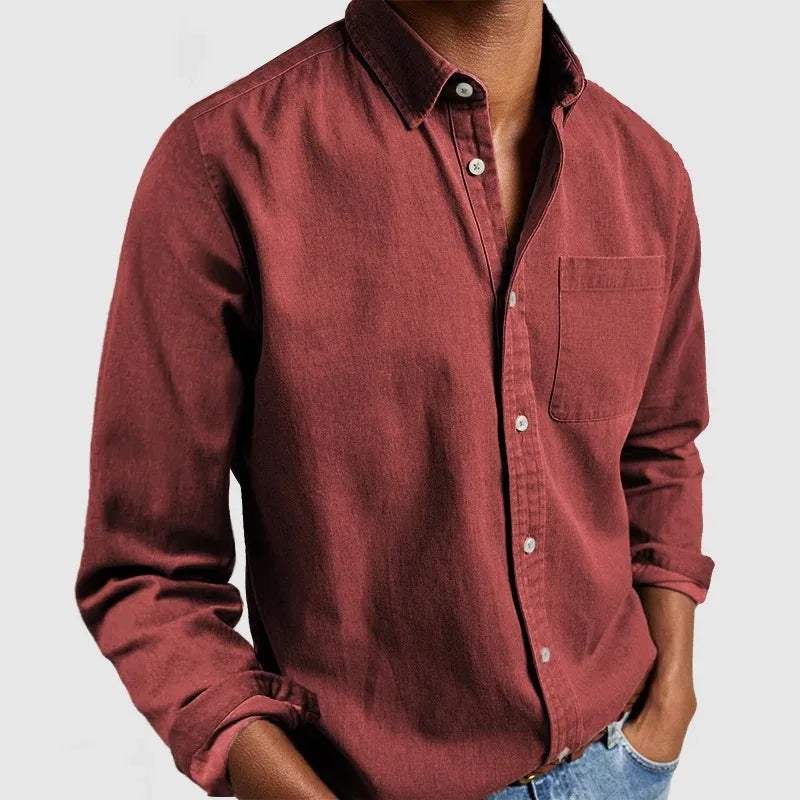 Men's Contrast Collar Button-Up Polo Solid Color Chest Pocket Long Sleeve Casual Top