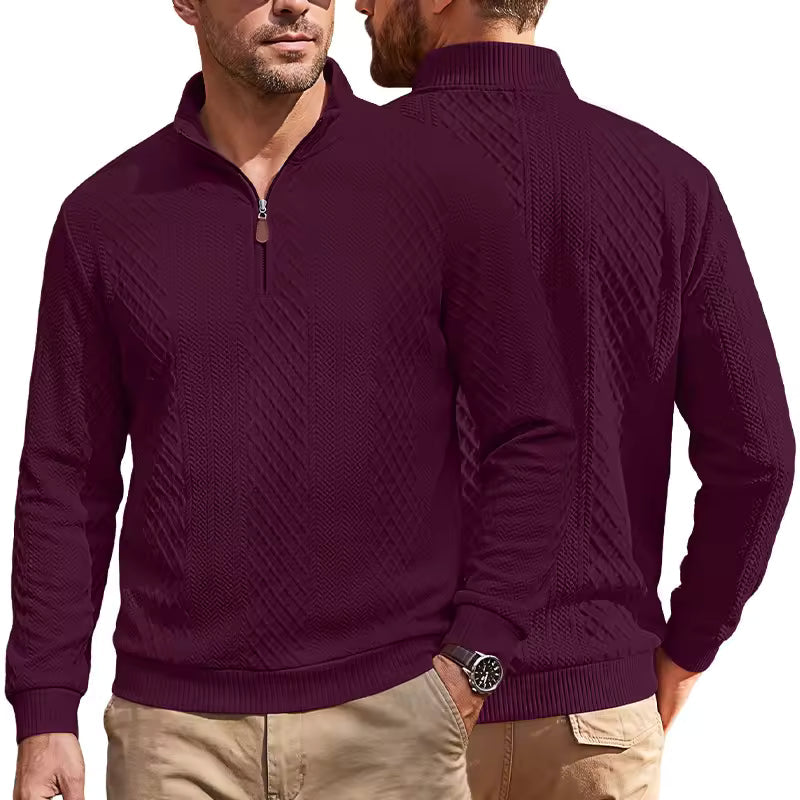 Men's Half Zip Textured Sweater Argyle Jacquard Long Sleeve Casual Pullover