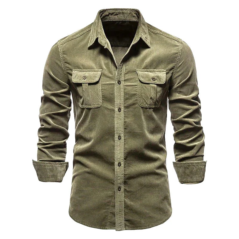 Men's Corduroy Button-Up Polo Jacket Long Sleeve Flap Pocket Slim Fit Casual Top