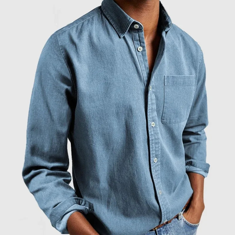 Men's Contrast Collar Button-Up Polo Solid Color Chest Pocket Long Sleeve Casual Top