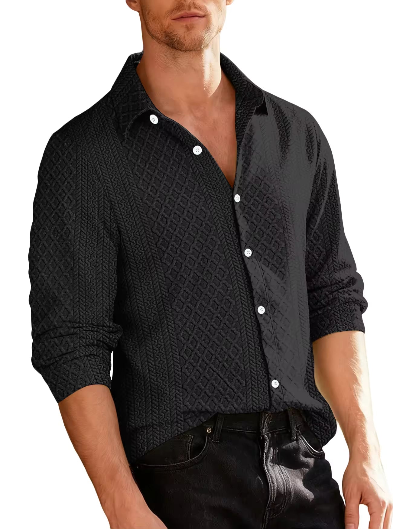 Men's Textured Knit Shirt Turn-Down Collar Button-Up Long Sleeve Casual Top