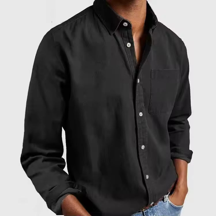 Men's Contrast Collar Button-Up Polo Solid Color Chest Pocket Long Sleeve Casual Top