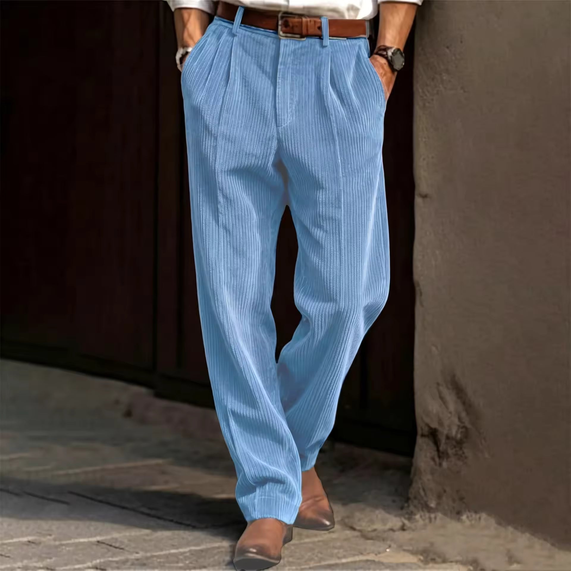 Men's Corduroy Pleated Straight Leg Pants Mid Waist Loose Fit Business Casual Trousers