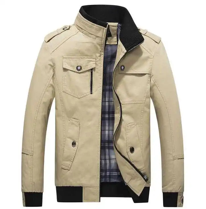 Men's Military Style Cotton Jacket Multi Pocket Zip-Up Stand Collar Casual Coat