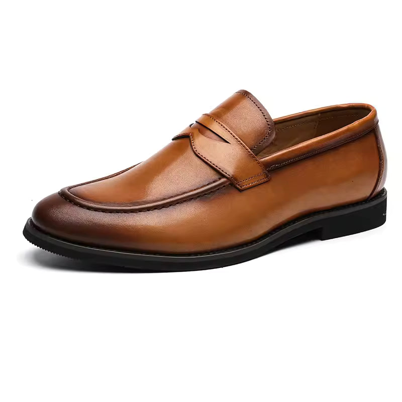 Men's Leather-Look Penny Loafers Round Toe Slip-On Business Casual Shoes