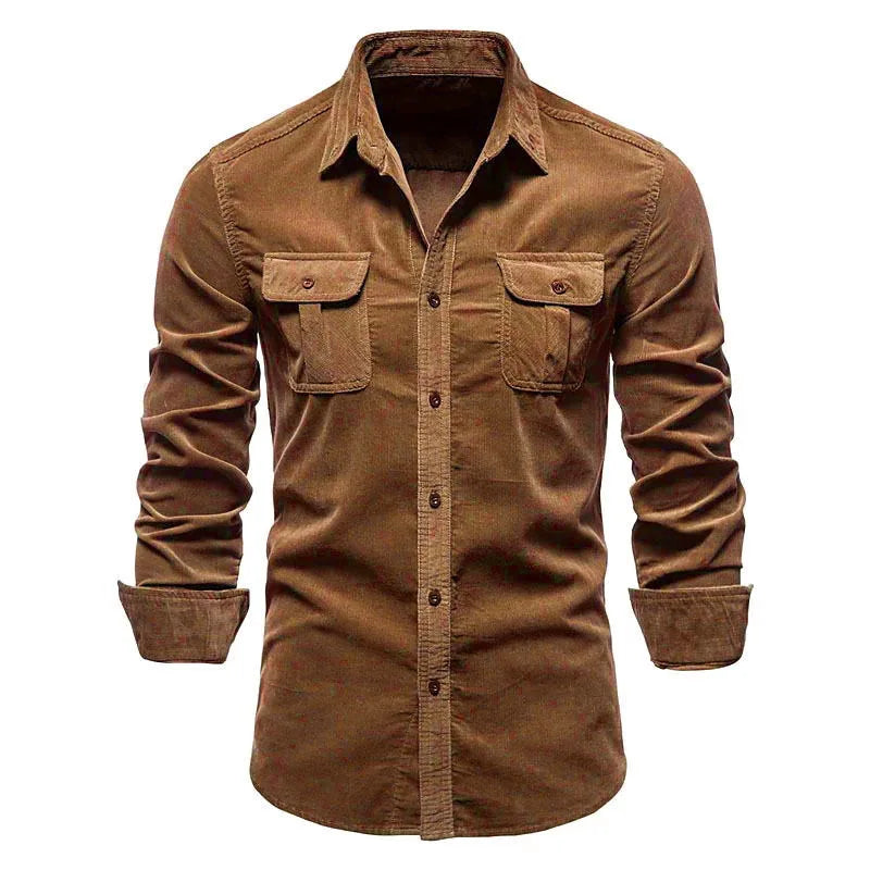 Men's Corduroy Button-Up Polo Jacket Long Sleeve Flap Pocket Slim Fit Casual Top