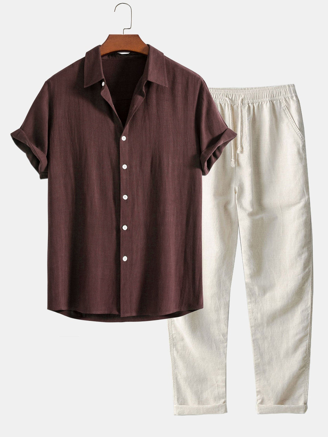 Men's Shirt Linen Trousers Set Drawstring Two Piece
