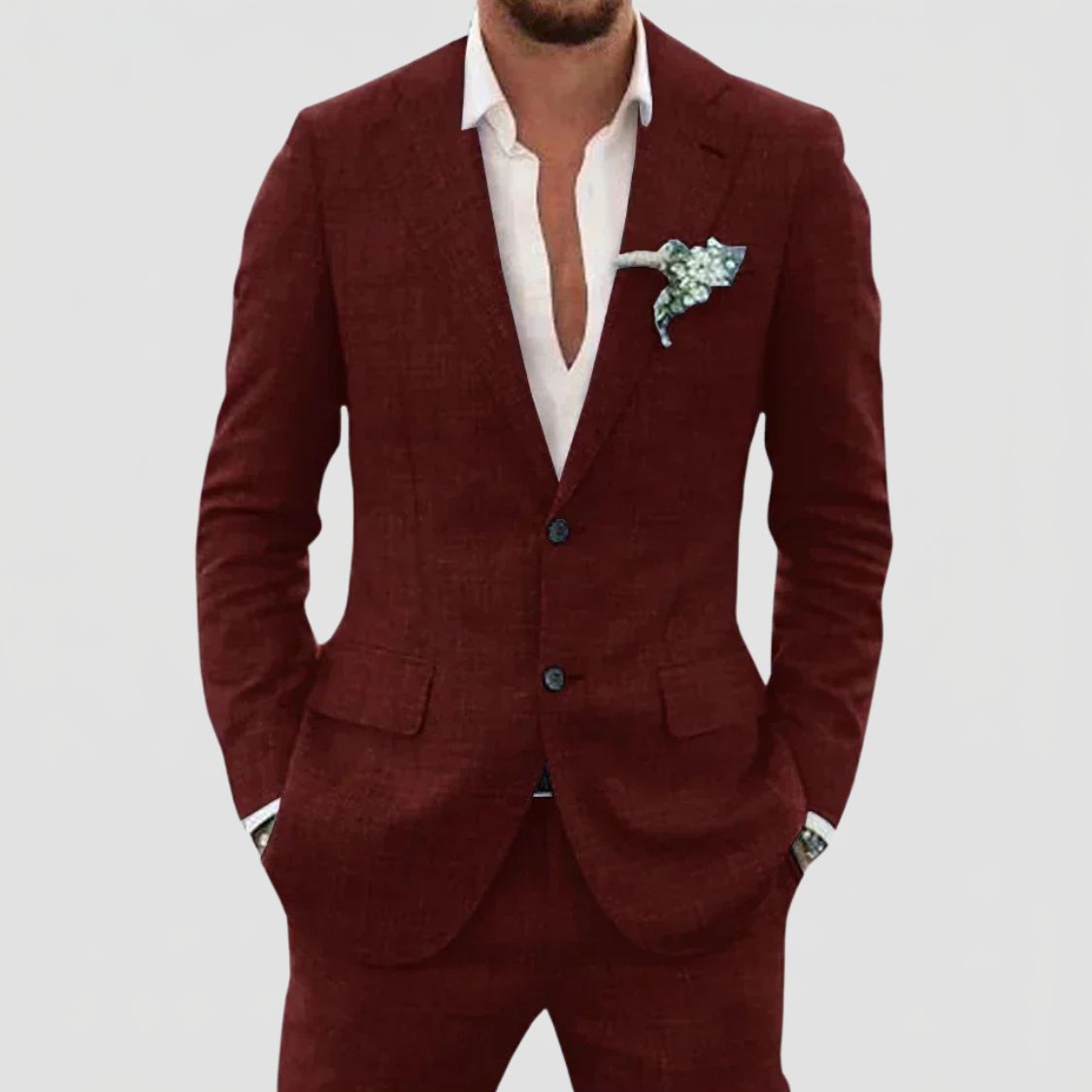 Two Button Suit Set Men Linen Blend Notch Lapel Patch Pocket Tailored Fit