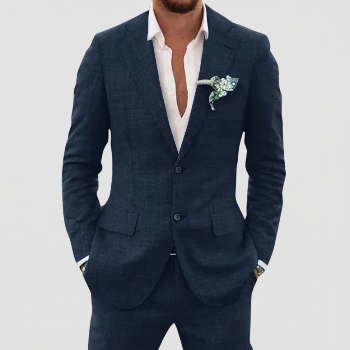 Two Button Suit Set Men Linen Blend Notch Lapel Patch Pocket Tailored Fit
