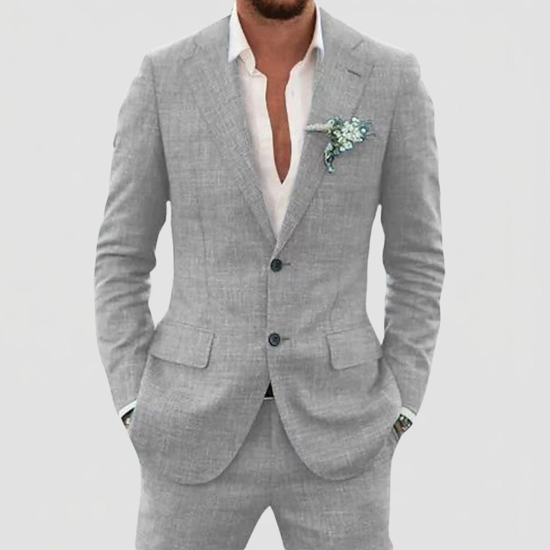 Two Button Suit Set Men Linen Blend Notch Lapel Patch Pocket Tailored Fit