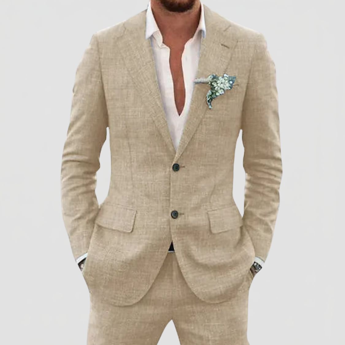 Two Button Suit Set Men Linen Blend Notch Lapel Patch Pocket Tailored Fit