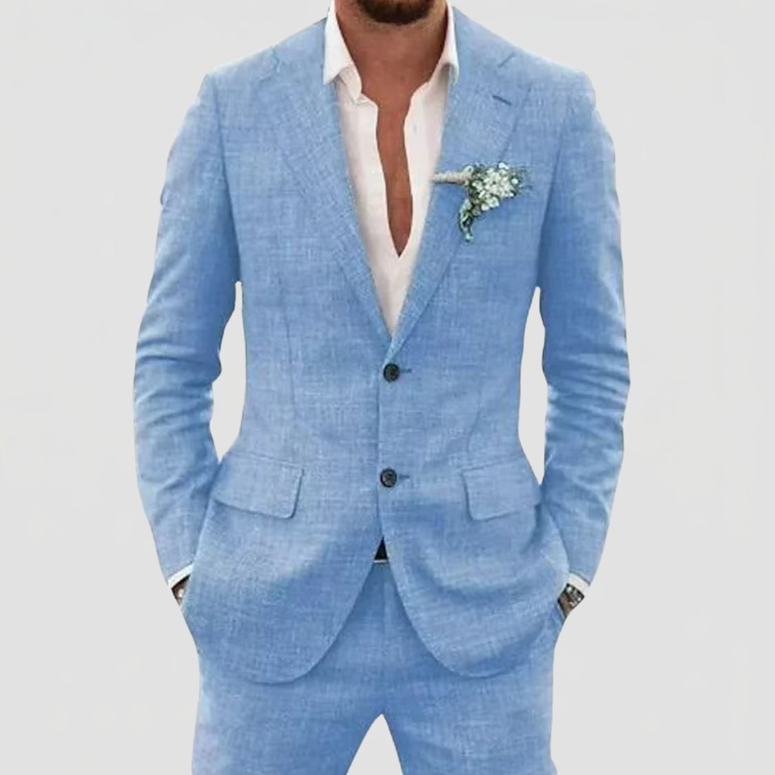Two Button Suit Set Men Linen Blend Notch Lapel Patch Pocket Tailored Fit