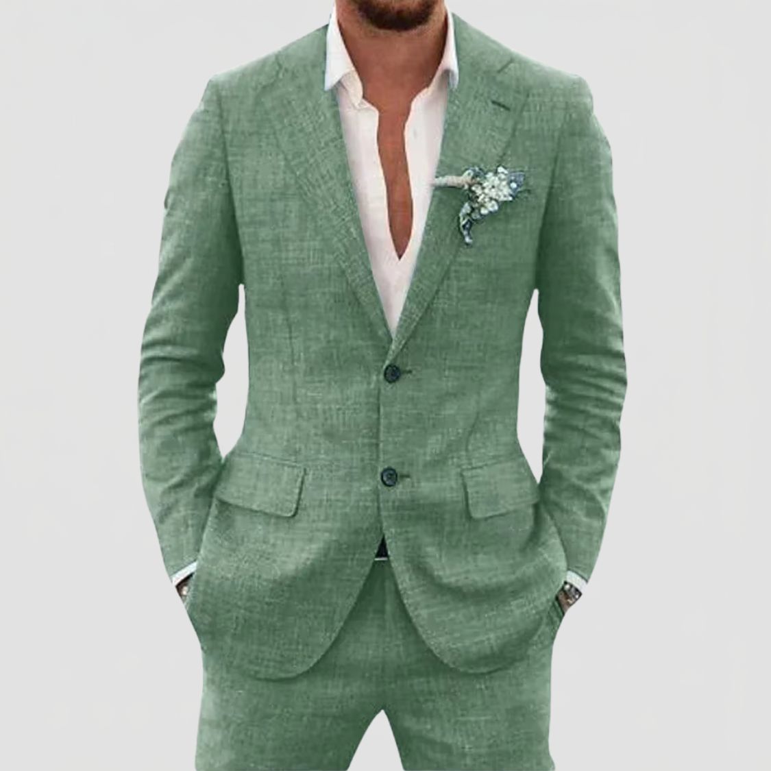 Two Button Suit Set Men Linen Blend Notch Lapel Patch Pocket Tailored Fit