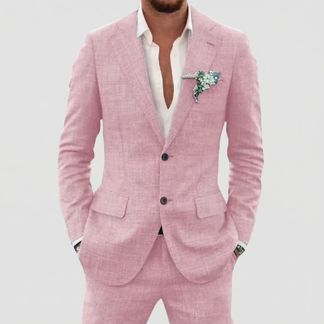 Two Button Suit Set Men Linen Blend Notch Lapel Patch Pocket Tailored Fit