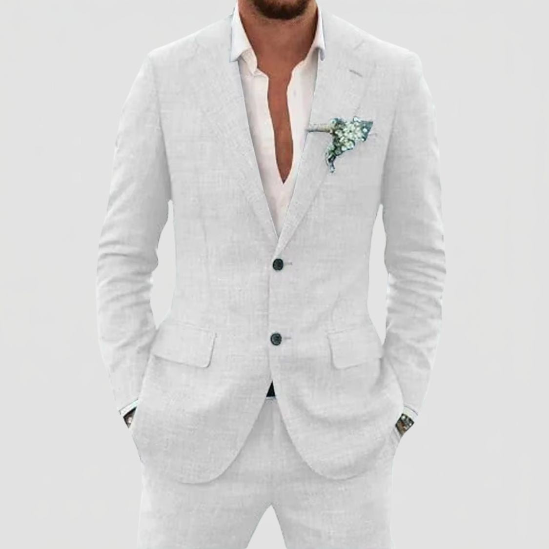Two Button Suit Set Men Linen Blend Notch Lapel Patch Pocket Tailored Fit