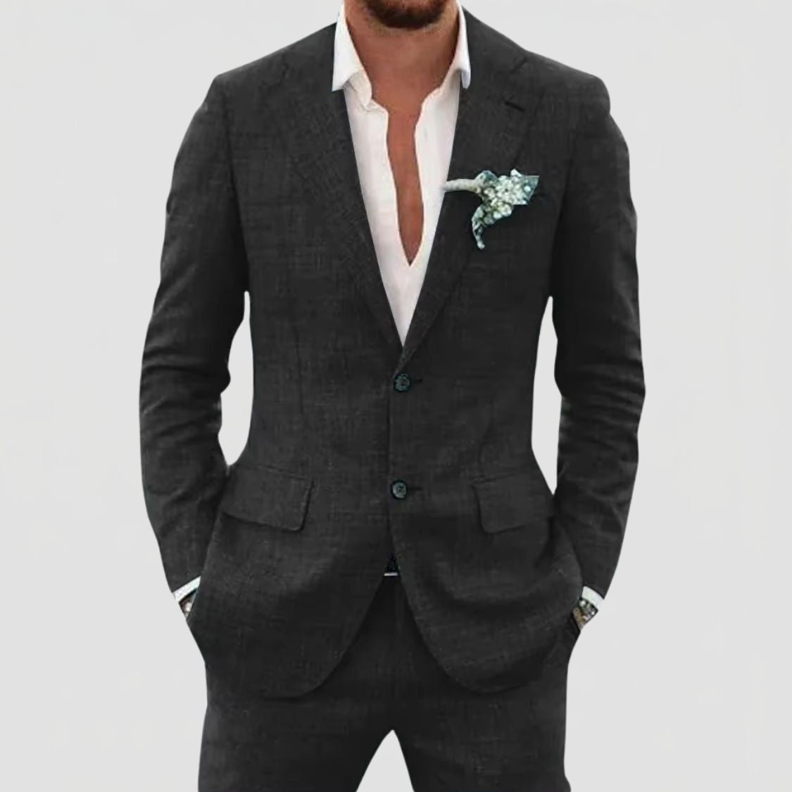 Two Button Suit Set Men Linen Blend Notch Lapel Patch Pocket Tailored Fit