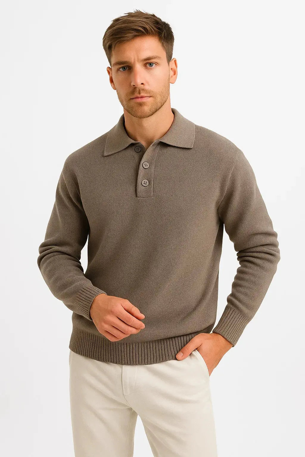Men's Knit Polo Sweater Ribbed Cuff Three Button Placket Slim Fit