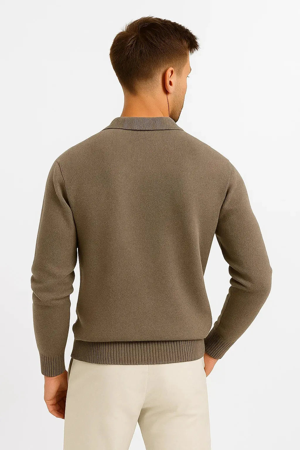 Men's Knit Polo Sweater Ribbed Cuff Three Button Placket Slim Fit