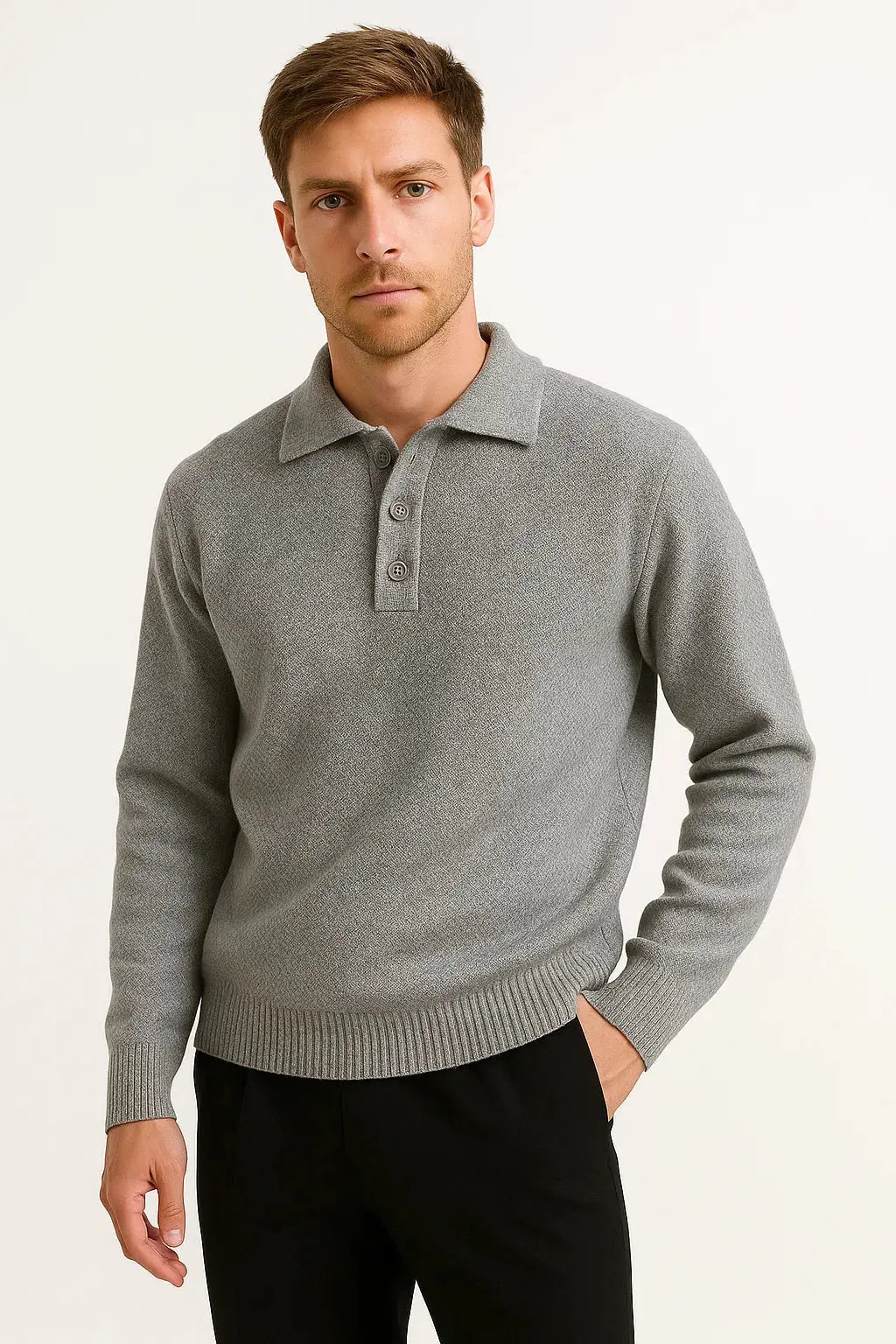 Men's Knit Polo Sweater Ribbed Cuff Three Button Placket Slim Fit