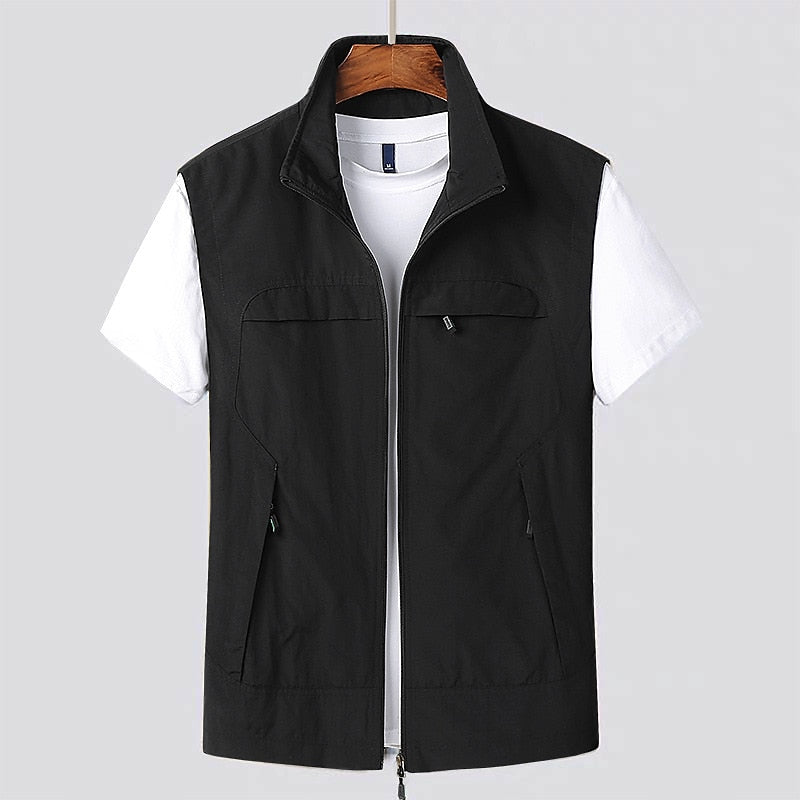 Vest Nylon Blend Stand Up Collar Zippered Pockets Men's