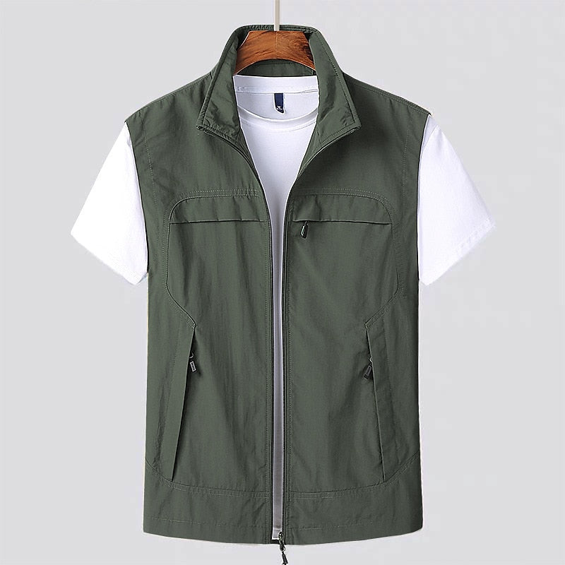 Vest Nylon Blend Stand Up Collar Zippered Pockets Men's