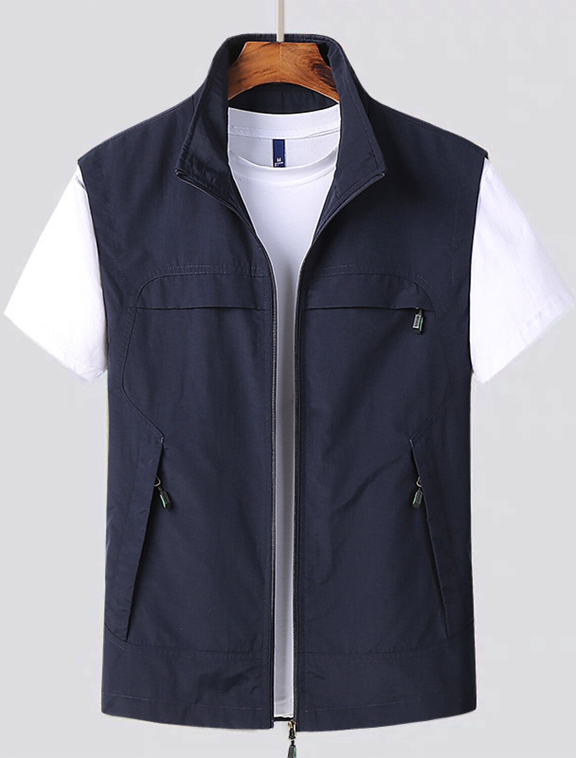 Vest Nylon Blend Stand Up Collar Zippered Pockets Men's