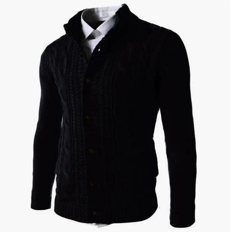 Men's Cable Knit Cardigan Mandarin Collar Button-Up Slim Fit Sweater Coat