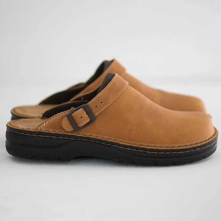 Men's Leather Clogs Slip On Buckle Strap Orthopedic Insole Casual
