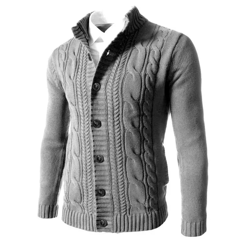 Men's Cable Knit Cardigan Mandarin Collar Button-Up Slim Fit Sweater Coat